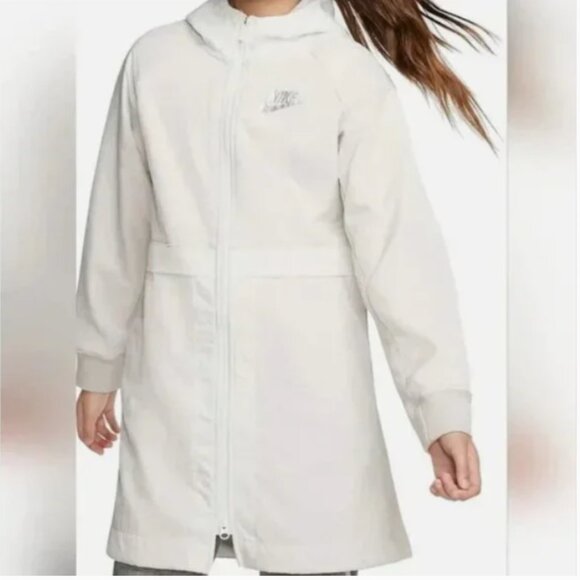 Nike Girls Hooded Jacket Beige Long Windbreaker Full Zip Youth Small S - Picture 2 of 16